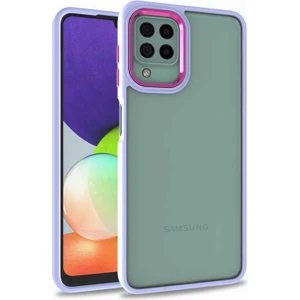 Case World Samsung Galaxy A12 ile Uyumlu Kapak Metal Kamera Korumalı Arkası Şeffaf Silikon ile Uyumlu Kılıf - Lila
