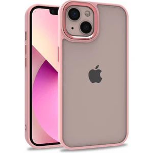 Case World Apple iPhone 13 ile Uyumlu Kapak Metal Kamera Korumalı Arkası Şeffaf Silikon ile Uyumlu Kılıf - Rose Gold