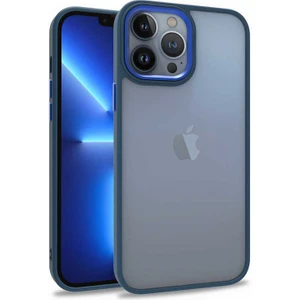 Case World Apple iPhone 13 Pro Max ile Uyumlu Kapak Metal Kamera Korumalı Arkası Şeffaf Silikon ile Uyumlu Kılıf - Mavi