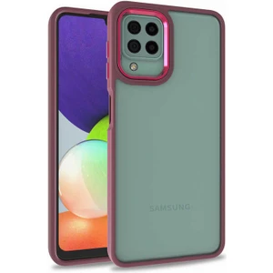 Case World Samsung Galaxy M22 ile Uyumlu Kapak Metal Kamera Korumalı Arkası Şeffaf Silikon ile Uyumlu Kılıf - Kırmızı