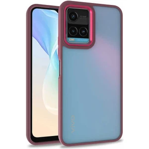 Case World Vivo Y33S ile Uyumlu Kapak Metal Kamera Korumalı Arkası Şeffaf Silikon ile Uyumlu Kılıf - Kırmızı