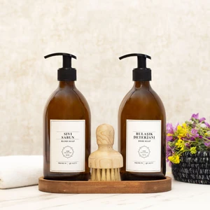 Oval Standlı Beyaz Etiketli Fırçalı Sıvı Sabun Bulaşık Deterjanı Amber Şişe Seti 500ml
