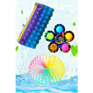Pop It Push Bubble Fidget Oyuncak Kalemlik Kalem Kutu Popit Stres Çarkı ve Stres Yayı 3'lü Set