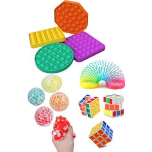 Stres Giderici Set 1 Popit 1 Rubik Zeka Küpü 1 Stres Yayı 1 Beyin Şekilli Stres Topu