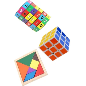 3'lü Eğitici Oyuncak Seti Zeka Küpü Matematik Işlem ve Ahşap Tangram Set