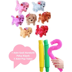 Sesli Hareket Eden Havlayan Oyuncak Peluş Köpek ve 3'lü Pop Tubes Popit Eğitici Set