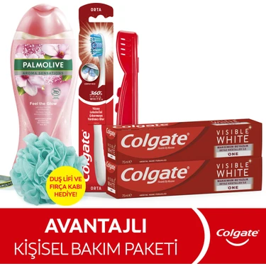 Colgate Diş Macunu 75 ml x2, Orta Diş Fırçası, Palmolive Duş Jeli 500 ml + Duş Lifi & Fırça