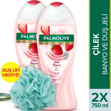 Palmolive Body Butter Çilek Rüyası  Banyo ve Duş Jeli 750 ml x 2 Adet + Duş Lifi