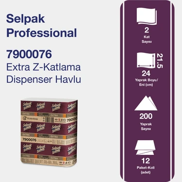 Selpak Professional Extra Z Katlı Dispenser Kağıt Havlu - 200 Yaprak, 12 Paket, 2 Katlı,