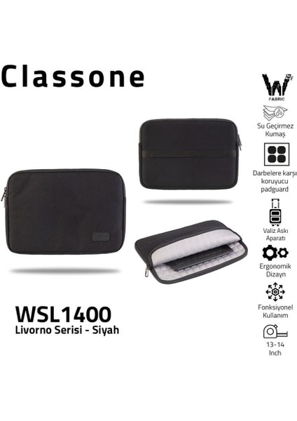 Livorno Serisi WSL1400 13-14 inch uyumlu ,Su Geçirmez Kumaş ,Macbook, Notebook,Laptop ,Tablet Kılıfı -Siyah