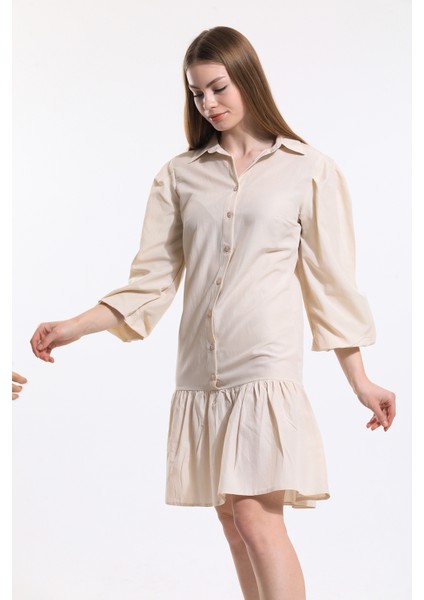 Önü Düğmeli Gömlek Yakalı Uzun Kol Elbise | ELB34187 Bej modelleri