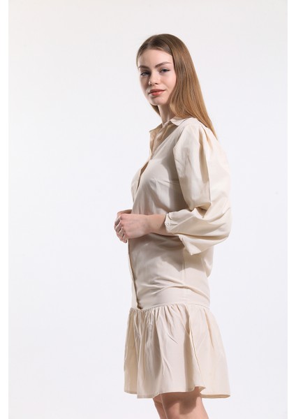 Önü Düğmeli Gömlek Yakalı Uzun Kol Elbise | ELB34187 Bej fırsatları