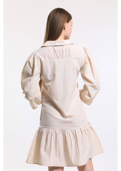 Önü Düğmeli Gömlek Yakalı Uzun Kol Elbise | ELB34187 Bej indirimleri