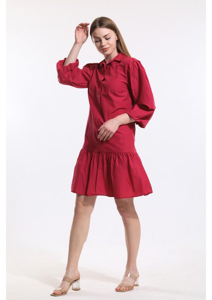 Önü Düğmeli Gömlek Yakalı Uzun Kol Elbise | ELB34187 Fuşya