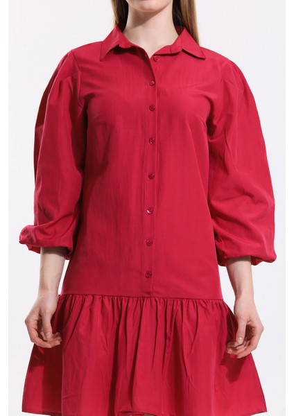 Önü Düğmeli Gömlek Yakalı Uzun Kol Elbise | ELB34187 Fuşya fırsatları