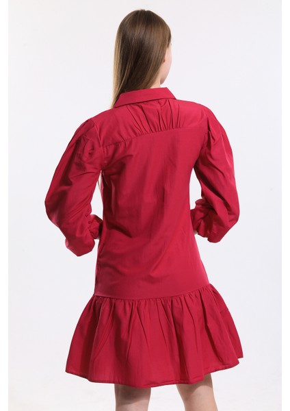 Önü Düğmeli Gömlek Yakalı Uzun Kol Elbise | ELB34187 Fuşya indirimleri