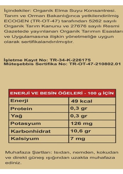 Organik Elma Suyu Konsantresi 1320 gr (Tatlandırıcı) Organic fiyatları