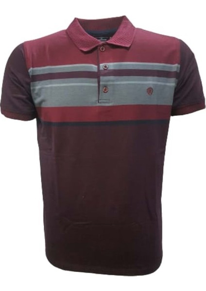 Rey Polo Basic Çizgili Polo Yaka Kısa Kol T-Shirt 129 - Bordo - L