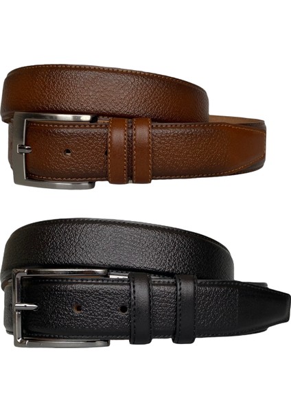 Hakiki Deri 2'li Set 3,5 cm Kumaş Pantolon Kemeri; Siyah, Kahverengi