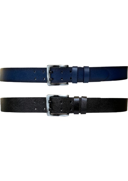 Hakiki Deri, Çift Dilli 2'li Set 4.5 cm Tek Parça Kot,spor Kemer Siyah, Lacivert