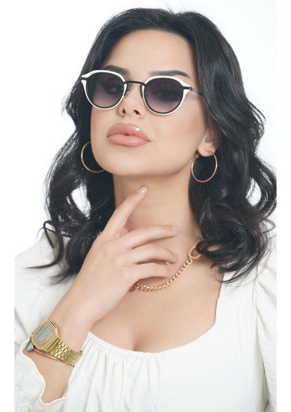 s Oval Krem Kemik Çerçeve Unisex Güneş Gözlüğü