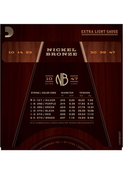 NB1047 Akustik Gitar Tel Seti, Nıckel Bronze Extra Lıght Gauge