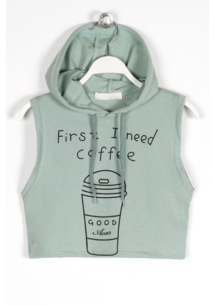 Kız Çocuk First I Need Coffee Baskılı Kolsuz Kapüşonlu Sweatshirt 9-12 Yaş