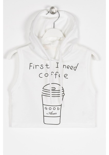 Kız Çocuk First I Need Coffee Baskılı Kolsuz Kapüşonlu Sweatshirt 9-12 Yaş