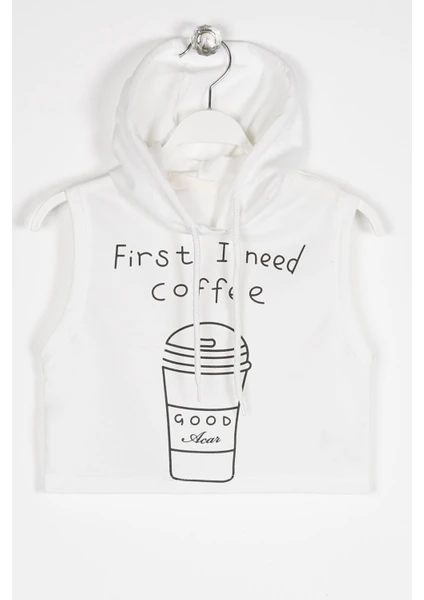 Kız Çocuk First I Need Coffee Baskılı Kolsuz Kapüşonlu Sweatshirt 9-12 Yaş