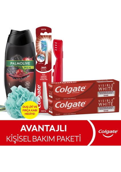 Diş Macunu 75 ml x2, Orta Diş Fırçası, Palmolive Men Duş Jeli 500 ml + Duş Lifi & Fırça Kabı