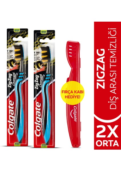 ZigZag Charcoal Diş Arası Temizliği Orta Diş Fırçası x 2 Adet + Diş Fırçası Kabı