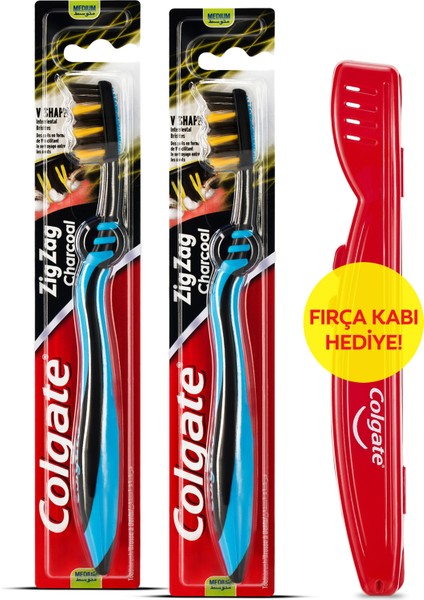 ZigZag Charcoal Diş Arası Temizliği Orta Diş Fırçası x 2 Adet + Diş Fırçası Kabı