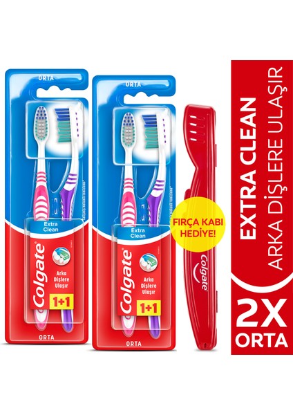 Extra Clean Orta Diş Fırçası 1+1 x 2 Adet + Diş Fırçası Kabı