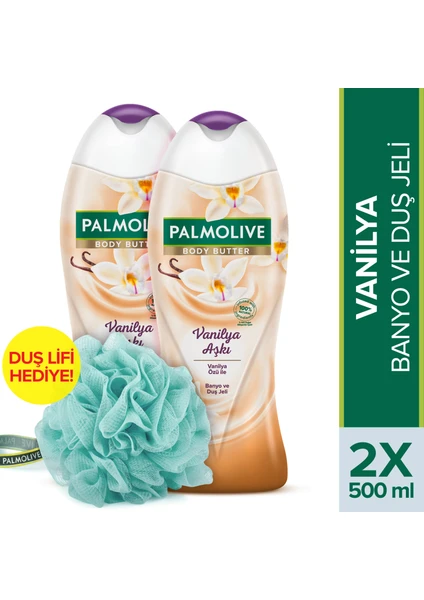 Body Butter Vanilya Aşkı Banyo ve Duş Jeli 500 ml x 2 Adet + Duş Lifi