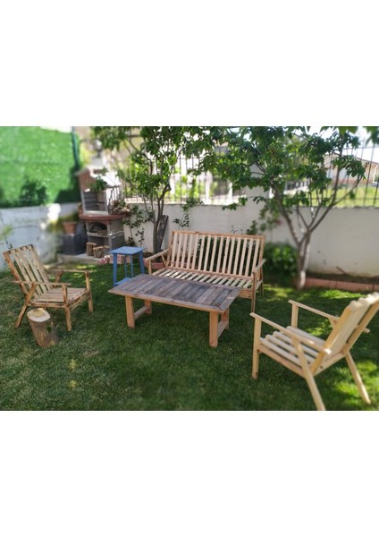 Bahçe Balkon Teras Koltuk Takımı Meşe 2 Tekli 1 Üçlü Koltuk ve Orta Sehpa