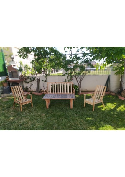 Bahçe Balkon Teras Koltuk Takımı Meşe 2 Tekli 1 Üçlü Koltuk ve Orta Sehpa modelleri