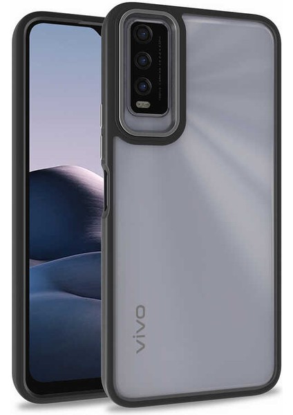 Vivo Y11S Kapak Metal Kamera Korumalı Arkası Şeffaf Silikon Kılıf - Siyah