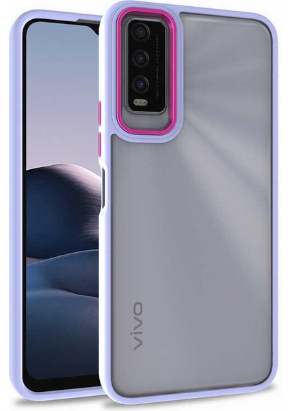 Vivo Y20 Kapak Metal Kamera Korumalı Arkası Şeffaf Silikon Kılıf - Lila