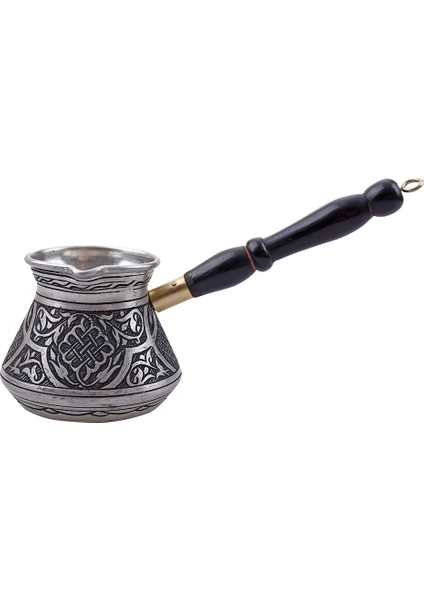 Bakır Kahverengi Ahşap Saplı Lale Motif Cezve Gümüş Orta Boy