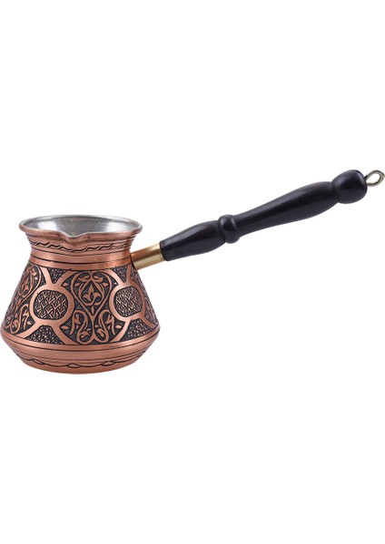 Bakır Kahverengi Ahşap Saplı Yuvarlak Motif Cezve Rose Gold Büyük Boy