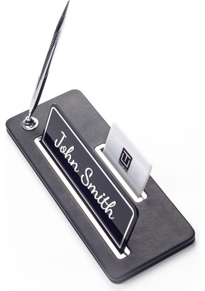 Tek Kalemli Deri Masa Isimliği Düz Siyah Krom Detaylı