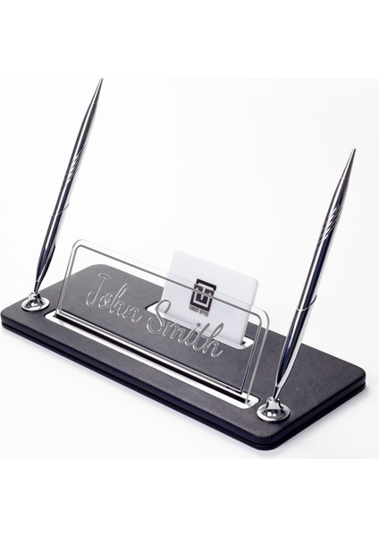 Iki Kalemli Deri Masa Isimliği Düz Siyah Krom Detaylı