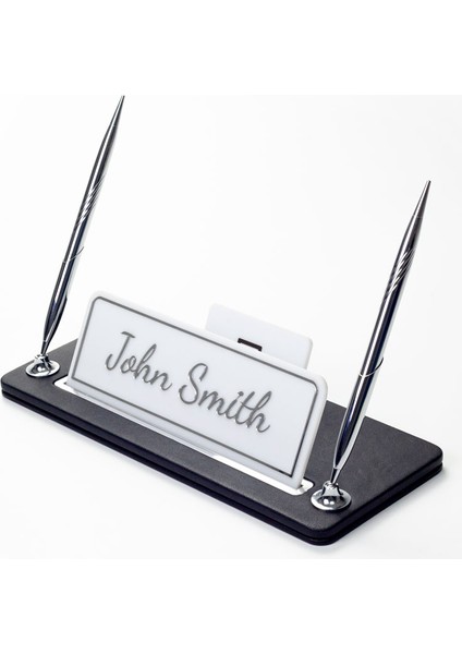 Iki Kalemli Deri Masa Isimliği Düz Siyah Krom Detaylı fiyatları
