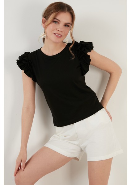 Kolları Fırfırlı Slim Fit Bisiklet Yaka % 100 Pamuk T Shirt Bayan T Shirt 5864500