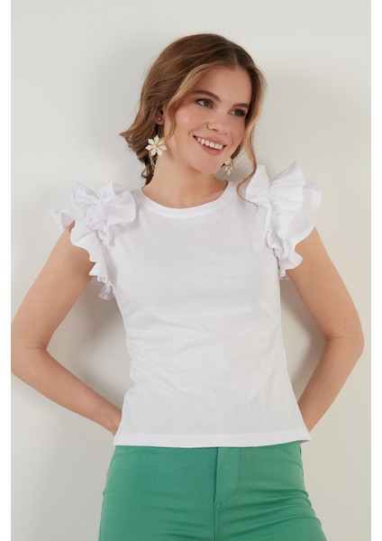 Kolları Fırfırlı Slim Fit Bisiklet Yaka % 100 Pamuk T Shirt Bayan T Shirt 5864500 modelleri