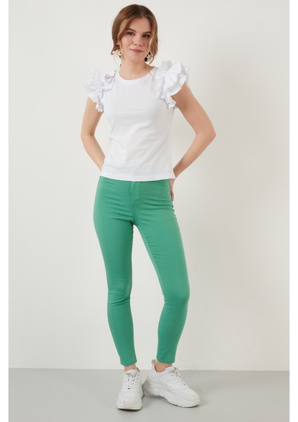 Kolları Fırfırlı Slim Fit Bisiklet Yaka % 100 Pamuk T Shirt Bayan T Shirt 5864500 fırsatları