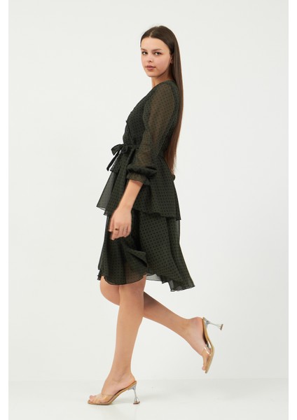 Haki Puantiyeli Şifon Elbise