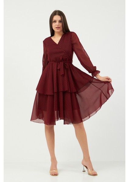 Bordo Puantiyeli Şifon Elbise