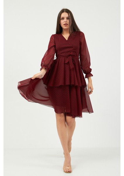 Bordo Puantiyeli Şifon Elbise fiyatları