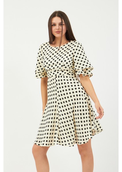 Bej Puantiyeli Elbise